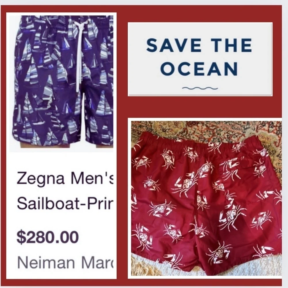 Z ZEGNA ,Crab Print Swim Trunks  Designer Beach Resort Shorts  Coastal Size L